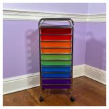 COLORFUL STORAGE DRAWERS | Rainbow plastic drawers on a chrome stand; h. 36 x w. 13 x d. 15 in.