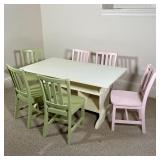 KIDS TABLE & CHAIRS | White play table with cubby storage, with three pink chairs and three green ch