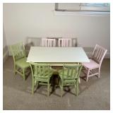 White play table with cubby storage, with three pink chairs and three green chairs; table h. 22-1/2 