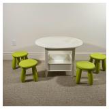 (5pc) KIDS TABLE & CHAIRS | Including a Land of Nod white bin table and four green plastic stools; t