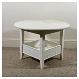 Including a Land of Nod white bin table and four green plastic stools; table h. 23 x dia. 32 in.