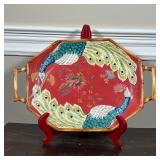 three piece set of Tracy Porter glazed pottery with bamboo-style handles, including a tray (w. 18-1/