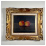 APPLES STILL LIFE PAINTING | Oil on canvas, in a gilt carved frame; 8-1/4 x 10 in., overall 13 x 15-