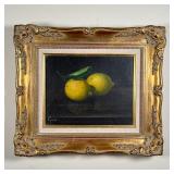 LEMONS STILL LIFE PAINTING | Oil on canvas, in a gilt carved frame; 8-1/4 x 10 in., overall 13 x 15-