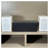 (3pc) PINNACLE SPEAKERS | Including a pair of white Pinnacle bookshelf speakers (BD 500) and a black
