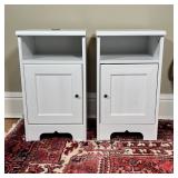 PAIR CABINET NIGHTSTANDS | Bedside tables with a shelf over a cabinet door [one with glue applied de
