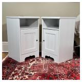 Bedside tables with a shelf over a cabinet door [one with glue applied decal]; h. 25 x 14 x 14 in.