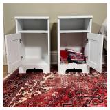 PAIR CABINET NIGHTSTANDS | Bedside tables with a shelf over a cabinet door [one with glue applied de