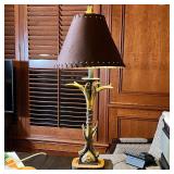 FAUX ANTLER TABLE LAMP | With a leather style shade; overall h. 34 x dia. 15 in.