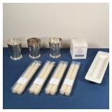 (9pc) CANDLES & DECOR | Including a set of 3 silver plated julep cups, 4 packs of candlesticks, a fa