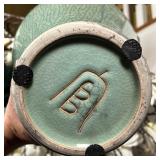 GREEN VASE FLORAL ARRANGEMENT | Vase h. 20-3/4 x dia. 10 in.; approx. overall h. 48 in.