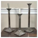 (3pc) CANDLE STICKS | Studio silversmiths Corinthian column form candlesticks; tallest h. 15 in.