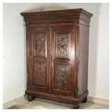 MEXICAN ROSEWOOD CARVED ARMOIRE | Intricately carved armoire / storage cabinet; h. 85 x 60 x 32 in.