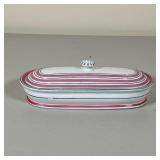 MAJOLICA BUTTER DISH | Covered butter dish with pink and green stripes; l. 8.5 in.