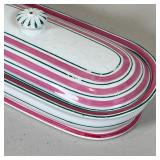 MAJOLICA BUTTER DISH | Covered butter dish with pink and green stripes; l. 8.5 in.