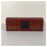 CHINESE GILT LEATHER BOX | Long document box with brass hardware, dome top, decorated with gilt scen