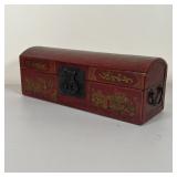 CHINESE GILT LEATHER BOX | Long document box with brass hardware, dome top, decorated with gilt scen