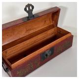 CHINESE GILT LEATHER BOX | Long document box with brass hardware, dome top, decorated with gilt scen