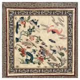Forbidden stitch embroidery, showing birds among flowers and a bat in flight; 8 x 8 (embroidery), 12