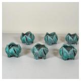 (6pc) ART POTTERY | Leaf-form votive holders hand thrown with green luster glaze; 3 x dia. 4 1/4 eac