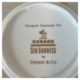 porcelain dish with gilt highlights designed for Cunard / Sea Goddess by Tiffany & Co.; dia. 4 in.