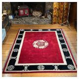 CHINESE STYLE WOOL CARPET | Deep red field, central shou characters with greek key border; 11 ft. 6 