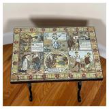 Exceptional fairy tale themed tile top side table with glass surface, tiles depict scenes from fairy