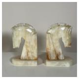PAIR ALABASTER BOOKENDS | Pair of vintage carved alabaster horse head bookends; h. 5-1/2 in.