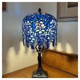 BLUE TIFFANY STYLE LAMP | Beautiful blue stained glass shade shaped like a willow tree, with a statu