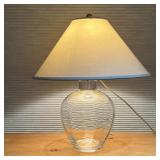 SIMON PEARCE TABLE LAMP | Clear blown glass table lamp with fabric shade, signed on the bottom, test