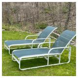 Brown Jordan patio lounge chairs with green woven mesh seats on a white metal block frame, adjustabl