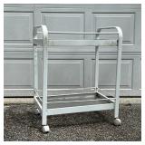 PATIO BAR CART | Glass barcart with white frame on four casters; h. 33-1/2 x 27 x 19-1/2 in.