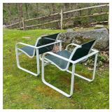 Brown Jordan patio armchairs with green woven mesh seats on a white metal cubic frame; h. 31 x 24-1/