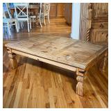COUNTRY LOW TABLE | Coffee table with natural wood finish, four block legs with patina iron brackets