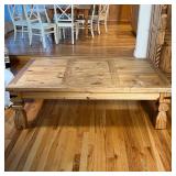 COUNTRY LOW TABLE | Coffee table with natural wood finish, four block legs with patina iron brackets