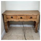 ENGLISH PINE HALL TABLE | Natural wood finish console / side table with three drawers over a sculpte
