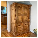 MEDIA CONSOLE CABINET | Natural finish, solid wood, two doors opening for TV storage over drawers an