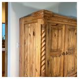 Natural finish, solid wood, two doors opening for TV storage over drawers and cabinets, with back pa