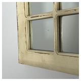 Antique style window mirror, designed as a distressed white-painted geometric pattern window frame w