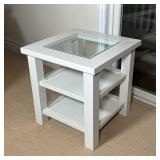 RESTORATION HARDWARE SIDE TABLE | White Restoration Hardware side table with glass top insert and tw