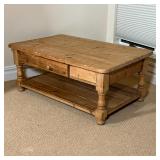 PINE COFFEE TABLE | Rounded edge natural finish pine low coffee table with a single drawer and botto