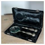 ANTIQUE MAGNIFYING GLASS & LETTER OPENER | Comes in a felt box, patinated silver style handles with 