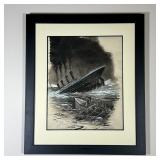 PAINTING of SINKING TITANIC | Monochrome painting of the Titanic and onlooking survivors in lifeboat