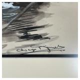 Monochrome painting of the Titanic and onlooking survivors in lifeboats, signed in lower right corne