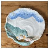 HANDMADE SEA SHELL PLATTER | Clam shaped ceramic platter with three feet, hand painted ocean colors,