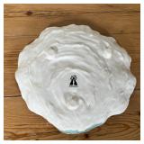 Clam shaped ceramic platter with three feet, hand painted ocean colors, by Abigails; dia. 11-1/2 in.