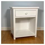 POTTERY BARN WHITE SIDE TABLE | White painted wood nightstand / end table with single drawer over an