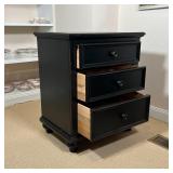 ETHAN ALLEN SIDE TABLE | Nightstand / bedside table, solid dark wood finish, three drawers; h. 29 x 