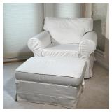 WHITE LOUNGE CHAIR & OTTOMAN | Ikea "Ektorp" armchair with storage foot rest; chair (h. 26 x 42 x 33