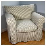 KLAUSSNER ARMCHAIR | Large & comfy chair by Klaussner with striped linen cover; h. 32 x 38 x 42 in. 